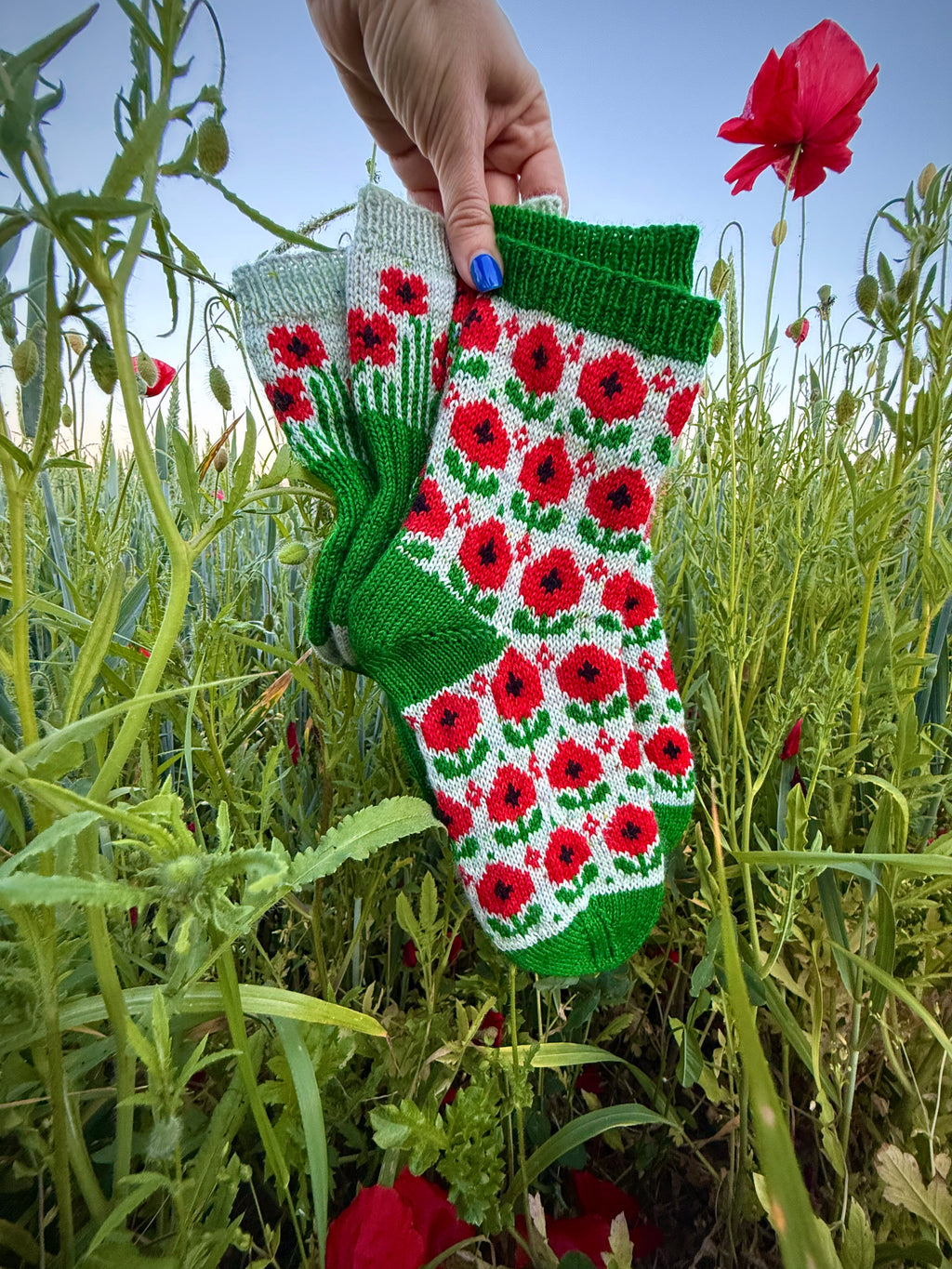 DIGITAL ITEM - Field of Poppies sock set. Knitting instructions in English & German.